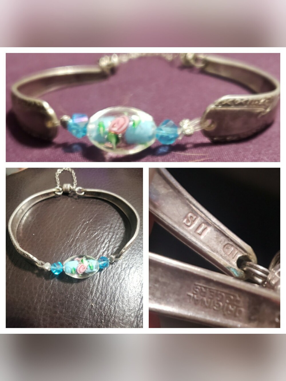 Vintage Spoon Bracelet with Blue Glass Rose Bead - 925 Original Rogers